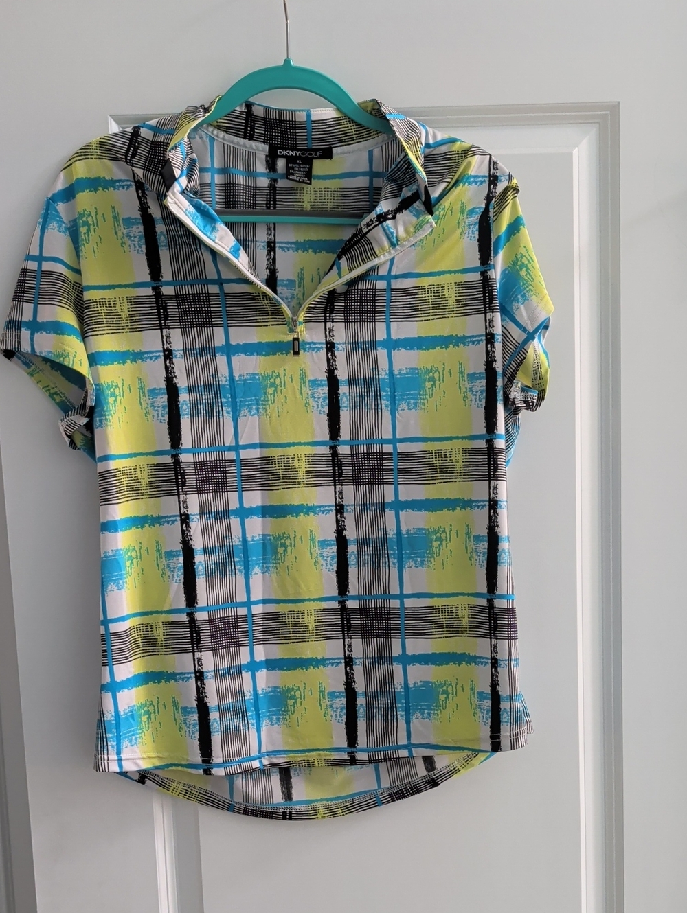DKNY Golf Women's Short-Sleeve Plaid Zip Polo in Blue & Yellow